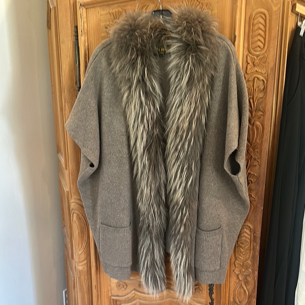 Luxurious Real Fur Trimmed brown cardigan